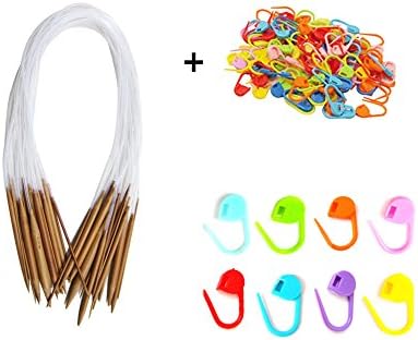 18 Pieces Circular Bamboo Knitting Needles Set Sizes from 2.0 mm to 10.0 mm Bamboo Knitting Needles set with 100Pcs Knitting Crochet Locking Stitch Markers(colorful)