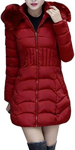POTO Women Coats Plus Size, Fashion Winter Long Down Jacket Warm Cotton Slim Zip Coat with Fur Hood Outwear(L-4XL)