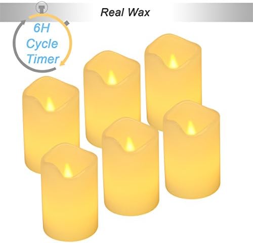【Real Wax 6H Timer,200+ Working Hours】Flickering Real Wax Flameless Tealights Candles Battery Operated Votive Candles Tea Lights 6 Pack Amber Yellow Flame(Dia. 1.97"x2.95" Height)