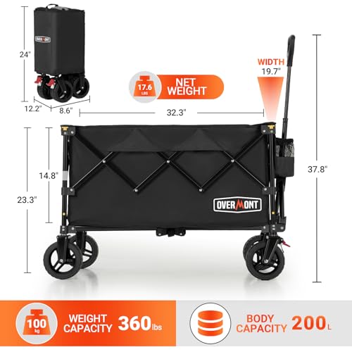 Overmont Faltbar Bollerwagen Klappbar Handwagen - mit Geländegängige Breite Räder - bis 150 kg Tragkraft - für Camping Sport Einkaufen Garten