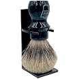 Parker Handmade Deluxe Mug Shaving Brush with Stand - 100% 3-Band Pure Badger Bristles -Extra Dense and Firm (Black)