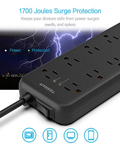 Surge Protector Power Strip, TESSAN 8 Outlets and 3 USB Ports 5Ft Long Extension Cord Flat Plug, 1875W/15A, 1700 Joules, Wall Mountable for Home, Office, School and Dorm Room Essentials, Black
