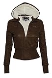 Women's Zip Up Detachable Hood Waist Length Bomber Jacket with Faux Fur Inside