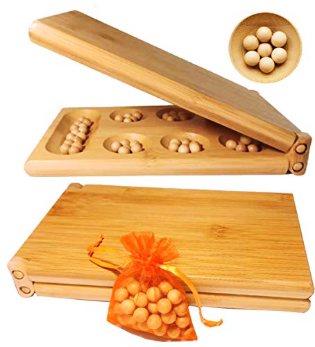 TOWO Wooden Mancala Board Game - Folding Board With Natural Stone Pebbles Strategy Game