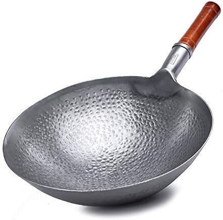 Hand Forged Iron Wok, Profession Chinese Traditional Hand Hammered Carbon Steel Pow Wok with Premium Elm Wooden and Steel Helper Handle (12inch)