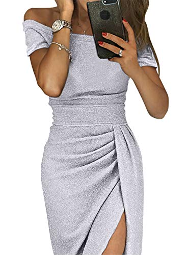 HUUSA Sexy Prom Cocktail Sequin Dresses Party for Womens Formal Wedding Evening Gowns Metallic Short Sleeve Elegant Dress Small Grey