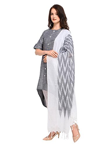 inddus grey and white ikkat handloom cotton printed dupatta