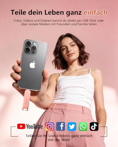 [Without App] USB Stick 512 GB for iPhone MFi Certified, Lncnnk 3 in 1 Flash Drive, Lightning USB 3.0 Memory Stick Photo Stick, USB C Stick for iPhone/iPad/OTG Android Mobile Phone/Mac/PC, Pink