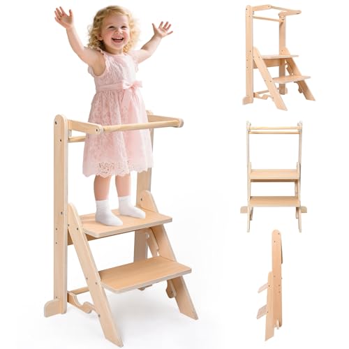 Folding Learning Tower, Observation Tower for 1-5 Year Old, Montessori Learning, Natural Wood Kitchen Helper, Safe and Easy to Assemble (50kg Capacity)