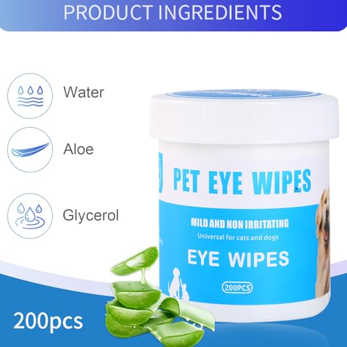 GOUFGUI DOG EYE WIPES200COUNT,NATURAL PLANT INGREDIENTS,EFFECTIVELY REMOVES EYE DIRT,EYE SECRETIONS,MUCUS SECRETIONS,IMPROVE TEAR STAINS,SUITABLE FOR DAILY CLEANING AND CARE OF CATS AND DOGS EYE WIPES