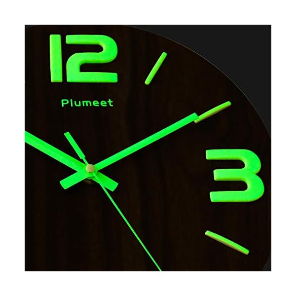 Plumeet Luminous Wall Clocks 12'' NonTicking Silent Wooden Clock