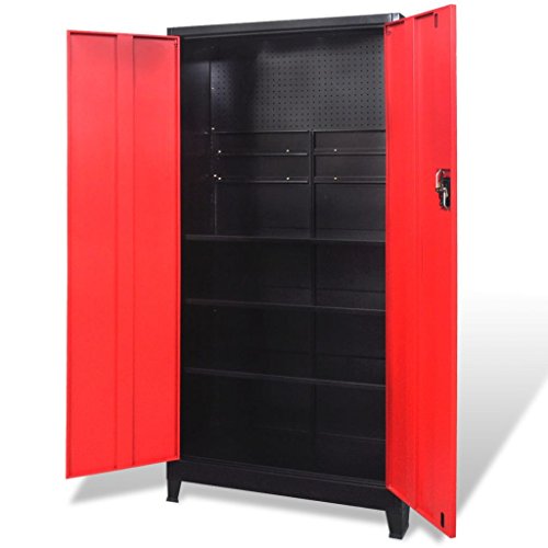 Tool Cabinet 2 Doors Steel with 3 Adjustable Shelves and 2 Racks,90 x 40 x 180 cm (L x W x H) Black and Red for Storing Tools
