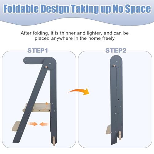 Learning Tower, Foldable Wooden Toddler Tower with Safety Rail, Kitchen Stool Helper, Standing Tower with 3 Adjustable Heights, Mother's Helper, Montessori Step Stools for Bathroom Sink