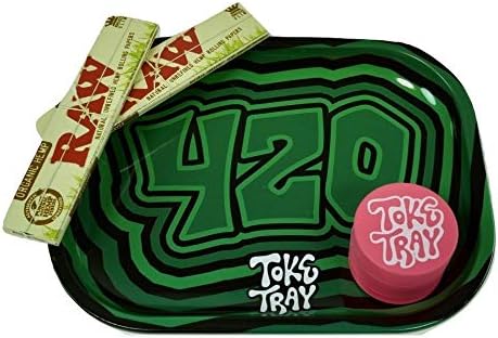 Rolling Tray Bundle with Pink Grinder | Set Includes - Green 420 Weed Metal Tray, 2 Packs Raw King Size Slim Rolling Papers & 3-Piece Pink Zinc Grinder