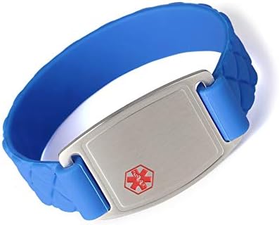 Medical Alert ID Bracelet Sports Blue Silicone Band Stainless Steel Tag for Women Men Kids Free Engraving