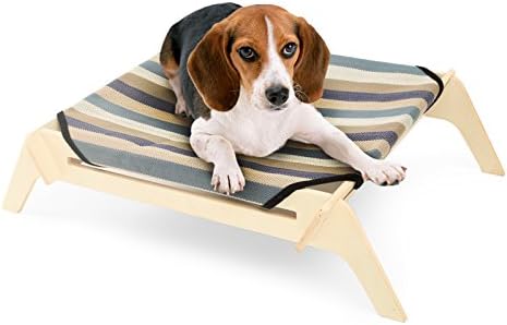 PLS Manufacturing Wooden Elevated Dog Bed, Medium, Pin Striped Canvas, Raised Dog Bed off the Ground, Natural Plywood Frame, Pet Cot