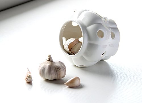MEKBOK Garlic Keeper,Garlic Keeper for Counter,White Ventilated Garlic Container,Ceramic Garlic Storage Container with Bamboo Lid