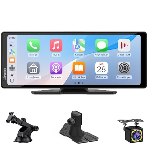 Portable Carplay Screen, Carpuride V92R Wireless Carplay & Android Auto, 10.26 Inch 1080P HD Touch Screen Radio with Real 720P Backup Camera/BT 5.0/Mirror Link Support Truck RV Dash Mount