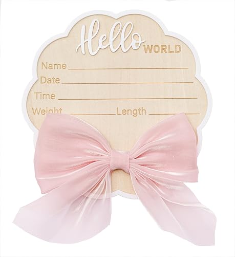 Wonhibo Flower-Shaped Newborn Announcement Sign - Baby Hospital Photo Prop Wooden Name Board Card with Pink Bow, Birth Welcome Hello World for Girls