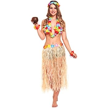 JZK 5 in 1 Hawaiian Party Fancy Dress Costume Set Hula Skirt Flower Headband Bracelet lei Garland Necklace for Girls Women Hawaiian Luau Party Hawaii Party Supply Party Accessory