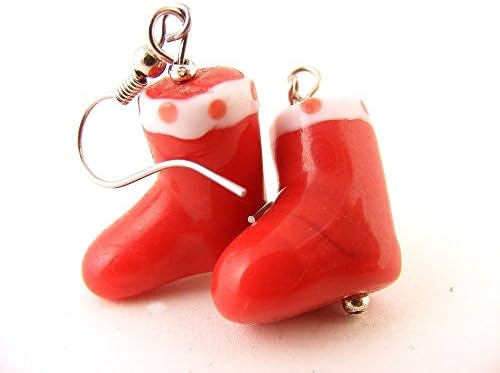 Santa Boot Earrings Red Glass Silvertoned Ear Wires