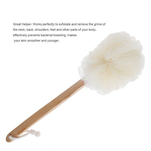 PRETTY SEE Exfoliating Loofah Body Brush with Long Wooden Handle Mesh Shower Bath Sponge
