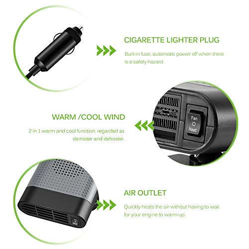 Powstro 12V Car Heater Fan 150W Portable Winter Warm Plug in Cigarette Lighter Fast Heating Windscreen Quickly Defroster Demister Defogger Air Cleaner, Black