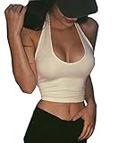 Womens Sleeveless Halter Sporty Athletic Vest Crop Tank Top (S, White)