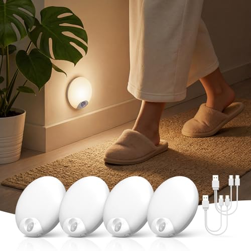 Luz Nocturna Sensor Movimiento Interior, Lampara LED Recargable 3 Modos (Auto/Encendido/Apagado), Luz de Noche Regulable Blanco Cálido/Natural/Frío, Iluminación para Escaleras, Armarios, 4 Piezas