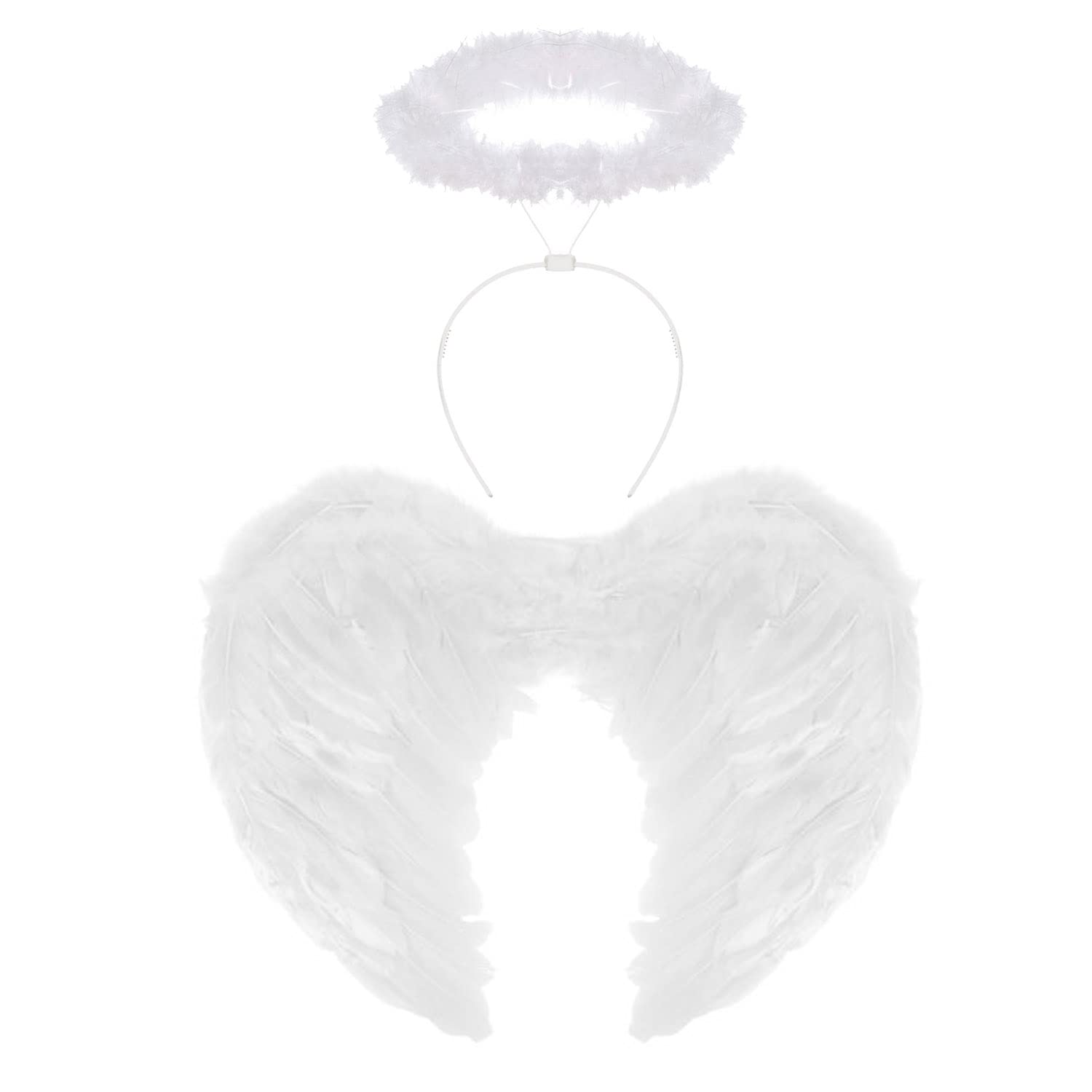 AKH® White Angel Fairy Wings And Halo | One Size | Feather Angel Halo Headband and Wings | Fallen Angel White Angel Costume For Christmas Halloween Birthday Hen Party Adult