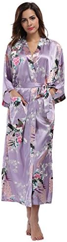 Womens Silky Kimono Long Robes with Peacock and Blossoms Pure Color Satin Robe for Women Wedding Party Nightgown