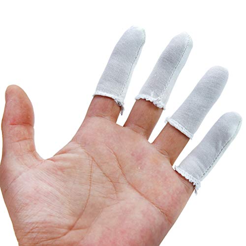 WEFOO 50 Pcs Finger Cots Cotton Finger Guards Finger Toe Thumb Cot Protection for Skin Cracking Calluses Wicks Moisture Jewelry Clean Smudges