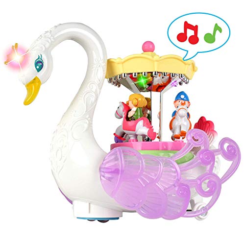 WolVol Beautiful Musical Rotating Horses Carousel Music Box on Self Riding Swan Animal, Lights and Sounds, Bump and Go Action - Great Gift Toy for Little Girls