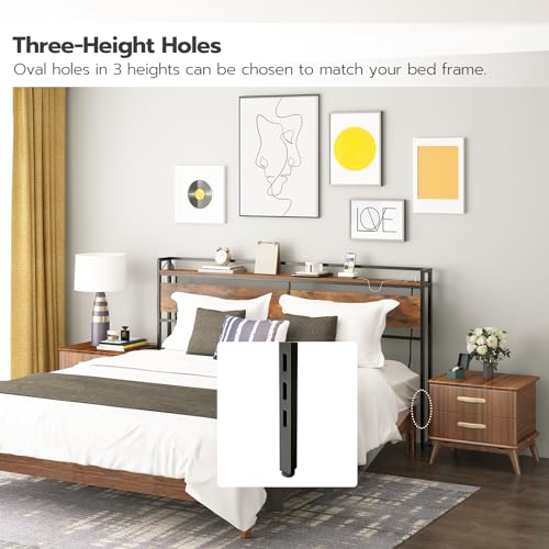 HOOBRO King Size Headboard with Storage, Wooden King Headboard with Power Outlets, Industrial King Bed Headboard Only, Adjustable Height, with Metal Frame, Rustic Brown and Black EBF98KBH01