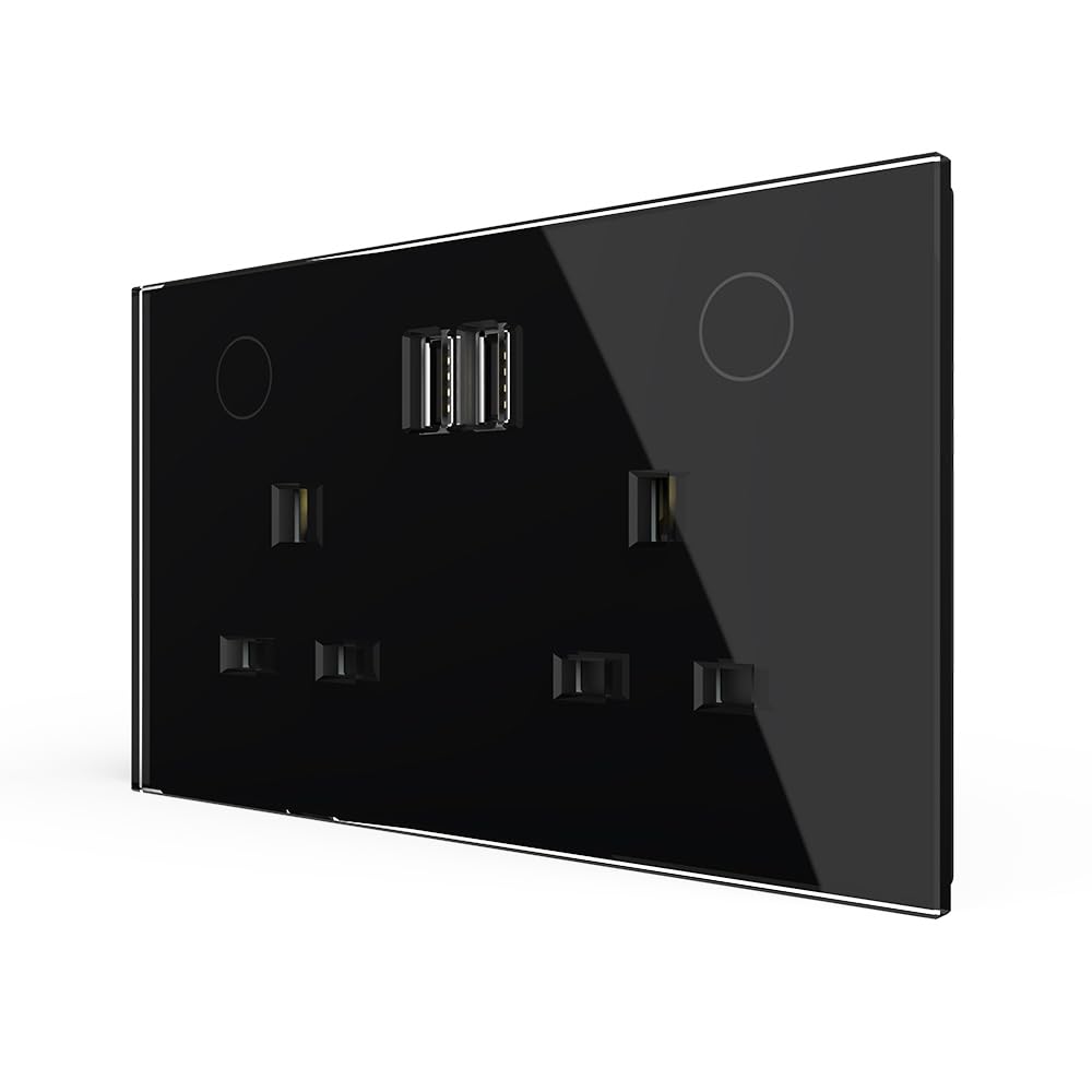 LIVOLO UK Standard 13A Duplex Outlet, Type-C USB Ports, Tempered Glass Panel British Wall Socket for Home Office (Black USB-A)