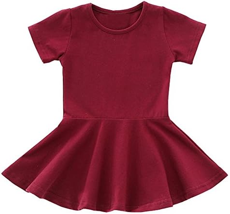 Guandiif Infant Toddler Dresses Baby Girls Long Sleeve/Short Sleeve Cotton Ruffle Dress Infant Solid Dress Date Red 9-12Months
