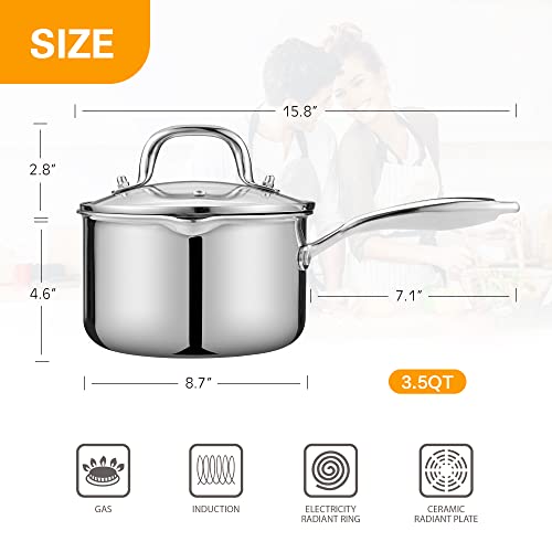 Stainless Steel Saucepan with Glass Lid, 4 Quart Multipurpose Sauce Pan