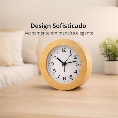 Relógio de Mesa Analógico de Madeira Redondo Decorativo Silencioso 11cm Design Decorativo Sem Tique-Taque Com Led Escritório
