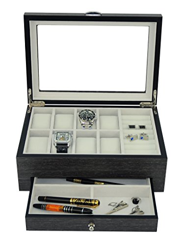 Grey Ginko Wood 8 Watch 8 Cufflink Row Case & Ring Pen Storage Organizer Men's Jewelry Box Display Case with Drawer Grey Ginko Wood 8 Watch 8 Cufflink Row Case & Ring Pen Storage Organizer Men's Jewelry Box Display Case with Drawer
