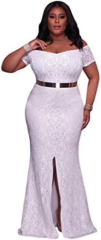 New Arrival Style Woman Pink Plus Size Off Shoulder Lace Gown Party Dress (XXL, White)