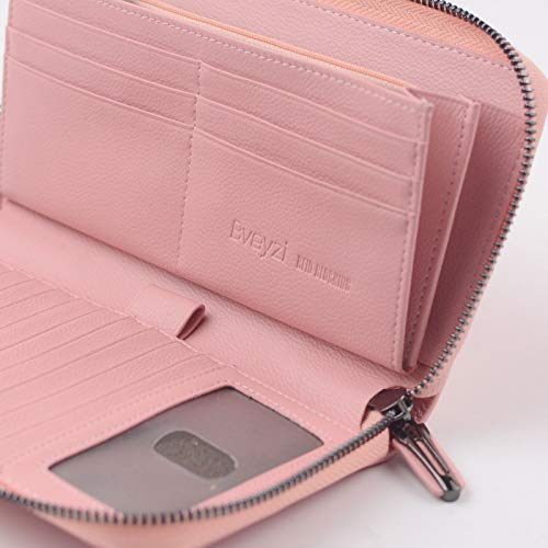 Women RFID Blocking Wallet Leather Zip Around Phone Clutch Large Travel Purse Wristlet (Pink)