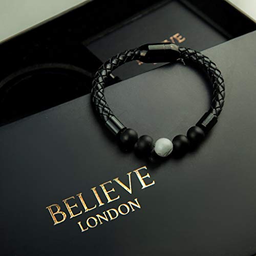 Believe London Onyx & Howlite Gemstone Bracelet Healing Bracelet Chakra Bracelet Anxiety Crystal Natural Stone Men Women Stress Relief Reiki Yoga Diffuser Semi Precious (Howlite & Turquoise 6.5") - Thumbnail 2