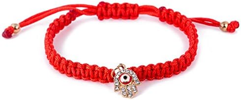Muzuri Feng Shui Adjustable Good Luck Red String Bracelet with Rhinestone Blue Evil Eye Hamsa Hand For Women and Men + Free Lucky Red String Bracelet (1)