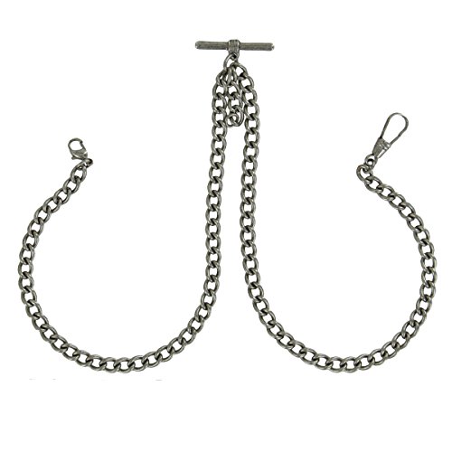 Pocket Watch Chain Mens Antiqued Silver Tone Pewter Double Albert T-Bar