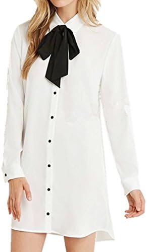 Sorrica Womens Casual Long Boyfriend Button Down Tie-bow Neck Shirt Dress Tunic Top Blouse