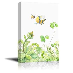 Canvas Wall Art Succulent Plants Series - Watercolor Style Plants on White Background with Cartoon Bees - Giclee Print Gallery Wrap Modern Home Art Ready to Hang - 12" x 18"