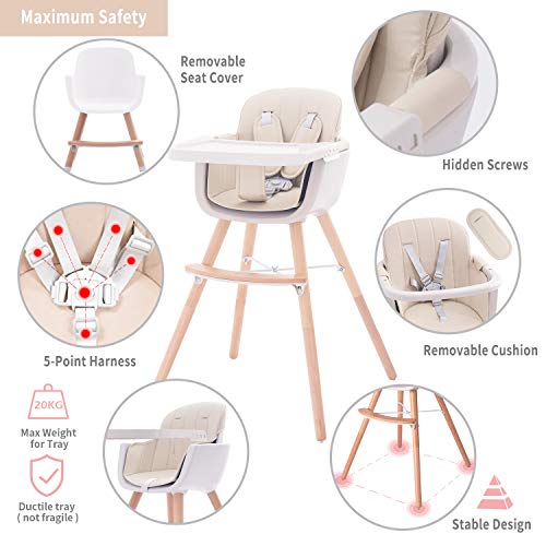 FUNNY SUPPLY 3in1 Convertible Wooden High Chair with Removable Tray
