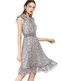 Allegra K vestido de gasa con volantes sin mangas, con cuello en V, cintura ahumada, estampado de leopardo