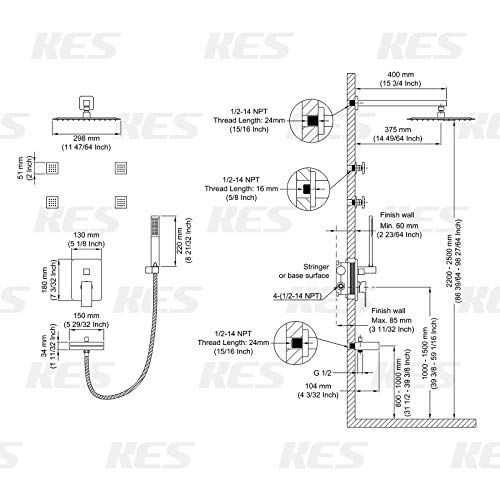 KES Rain Shower System, Full Body Shower System with Body Jets, 12Inch