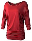 Lanmo Womens Dolman Sleeves Drape Tops Solid Side Shirring Jersey Tee(1X, Wine Red)